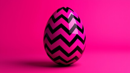 Fototapeta premium A pink and black zig-zag patterned Easter egg sits on a vibrant pink background, perfect for spring celebrations and festive designs.