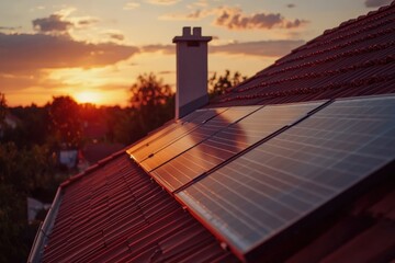 A long row of solar panels elegantly positioned atop a tiled roof