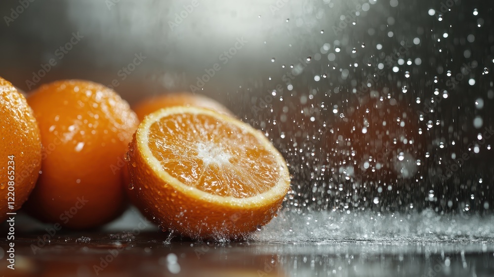 Poster freshly sliced vibrant oranges with droplets of water splashing around, creating a refreshing and li