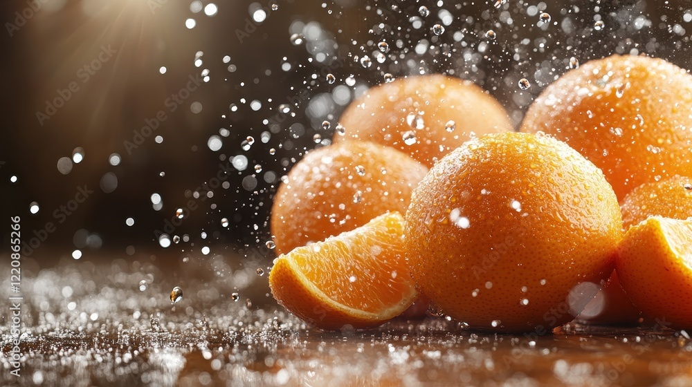 Poster an artistic arrangement of whole and sliced oranges, with water splashes creating a dynamic effect, 