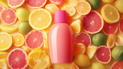 A vibrant Korean sunscreen bottle shaped like a fruit, surrounded by fresh citrus slices for a fun, youthful vibe