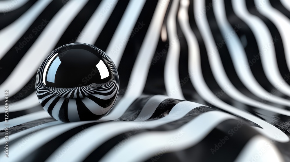 Poster a sleek black sphere placed on a contrasting striped fabric, creating an intriguing visual interplay