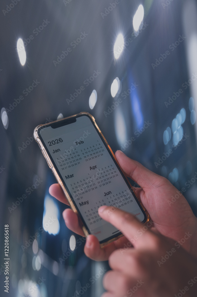 Poster concept for financial planning and reminder for 2026. man using smartphone working with calendar 202