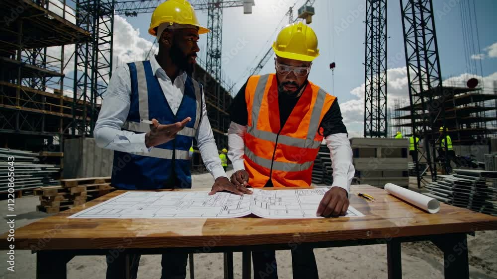 Aufkleber workers collaborate on construction site planning under bright sky with cranes in the background