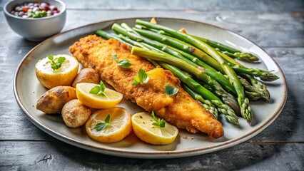 Minimalist Fried Catfish Dinner: Potatoes, Asparagus, Garlic Bread