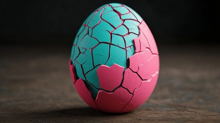 A cracked, pastel pink and teal egg rests on a dark surface, showcasing a unique texture and artistic design.