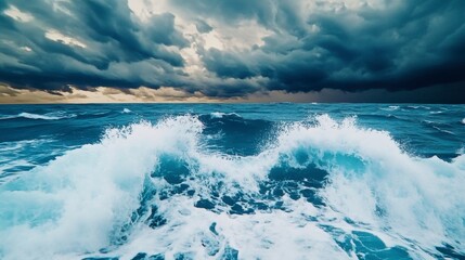 Dramatic Ocean Waves Under Cloudy Sky with Turbulent Waterscape