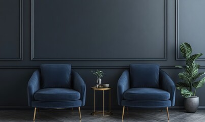 A cozy living room featuring two blue chairs arranged with a table
