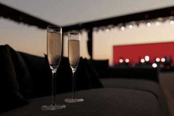 Two champagne glasses are on a couch, with a red background