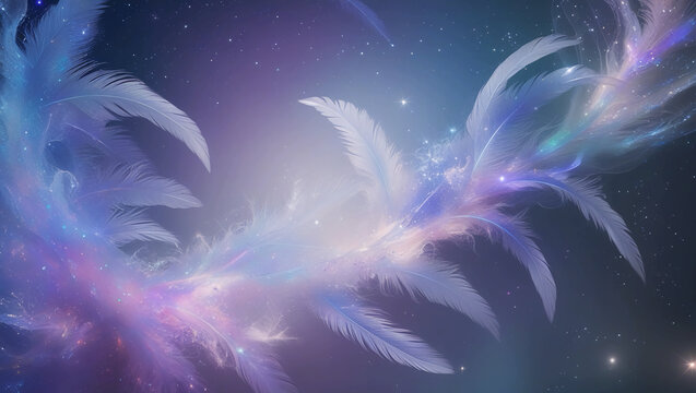Delicate Feathery Brushstrokes, Surreal Celestial Tapestry, Ethereal Entity with Multiple Universes, Iridescent Mist Tendrils, Pearlescent Core Galaxies, Nebulas Sprouting Essence, Gradient Indigo to 