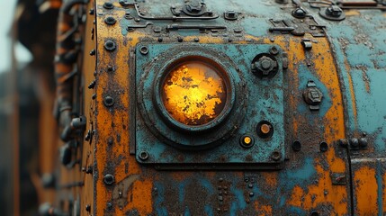 a weathered and rusty metal surface with a prominent orange button featuring a yellow glow.