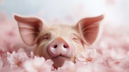 A cheerful piglet is warmly surrounded by vibrant pink flowers, radiating a playful spirit of joy and contentment in a delightful pastoral setting.