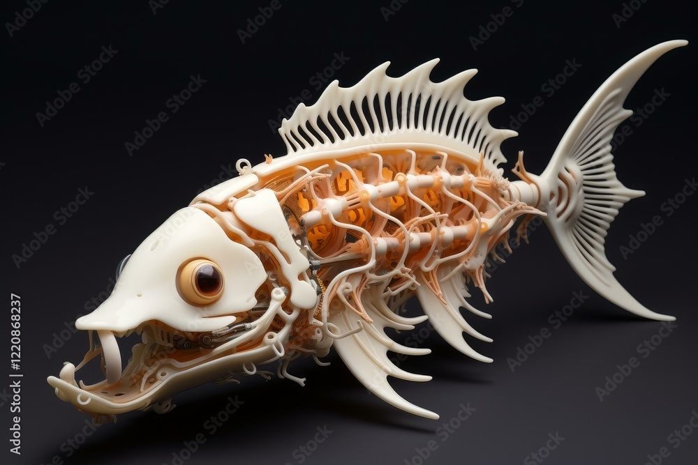 Poster intricate clockwork fish sculpture displaying complex gears and mechanisms in a captivating blend of
