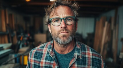 Obraz premium A rugged craftsman stands confidently in his workshop, surrounded by tools and wooden textures, showcasing the essence of craftsmanship and hard work.