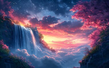 Colorful Waterfall Landscape Illustration