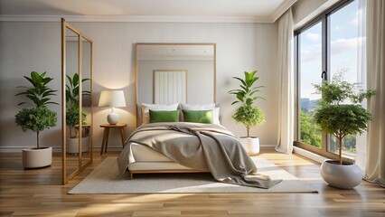 Minimalist Luxury Bedroom Reflection in Mirror - Modern Interior Design Stock Photo