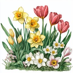 Vibrant Bouquet of Daffodils and Tulips in Full Bloom on a Light Background