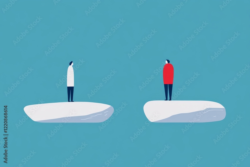 Poster two figures isolated on separate ice platforms in a minimalist style with contrasting colors represe