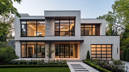 Obraz premium modern contemporary style house with two stories and large windows.