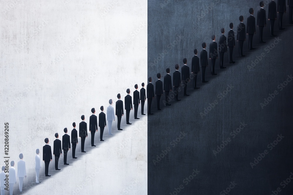 Poster diverse figures lined in contrasting shades symbolize unity in diversity and the complexity of human