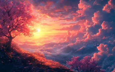 Naklejka premium Cherry Blossom Tree Sunset Illustration Artwork
