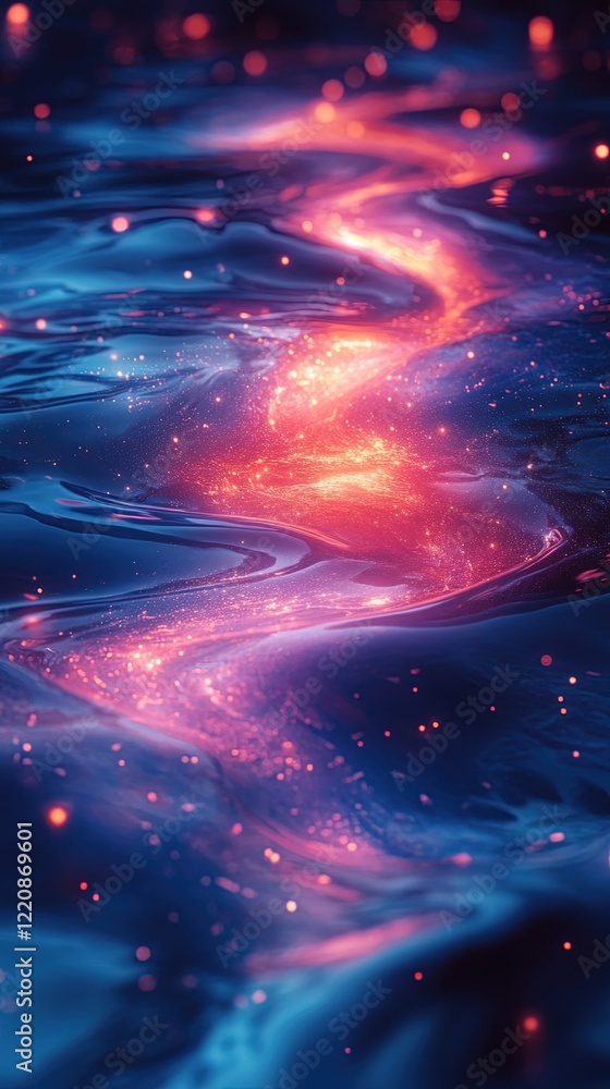 Poster glowing stream flows through dark rippling water with bokeh background