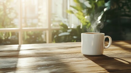 A beautiful steaming white coffee cup sits on a wooden table, basking in warm sunlight, creating a cozy and inviting atmosphere filled with tranquility and comfort.