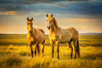 Obraz premium Minimalist Photography: Elegant Yellow Horses in a Serene Landscape
