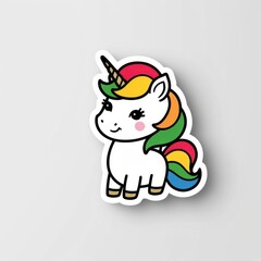 Naklejka premium Cute cartoon unicorn with a colorful mane and cheerful expression, perfect for children's decor or whimsical designs.
