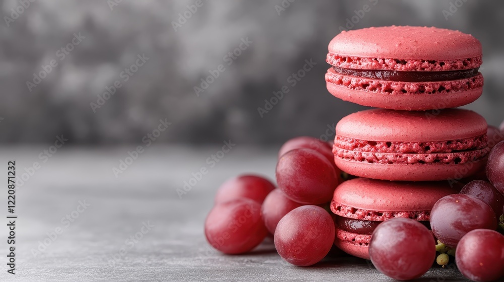 Poster an elegant display of red macarons stacked near fresh grapes on a smooth gray surface, creating a so