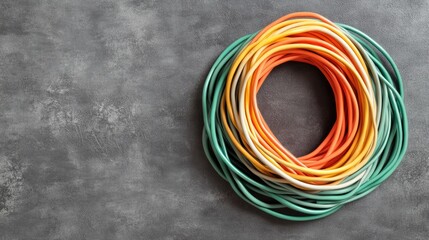 A bundle of neatly coiled wires in complementary colors on a gray, industrial-style background