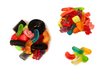 Assorted colorful gummy candies isolated on a white background. Top view. Jelly  sweets.