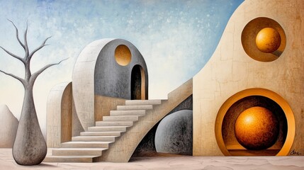 Dreamlike Geometric Landscape with Abstract Forms and Shapes