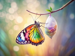 Minimalist Rainbow Butterfly Emerging from Cocoon: Transformation and Freedom