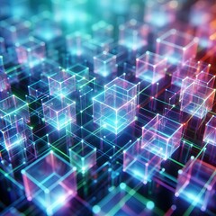  stylized digital rendering depicting a network or system of interconnected cubes
