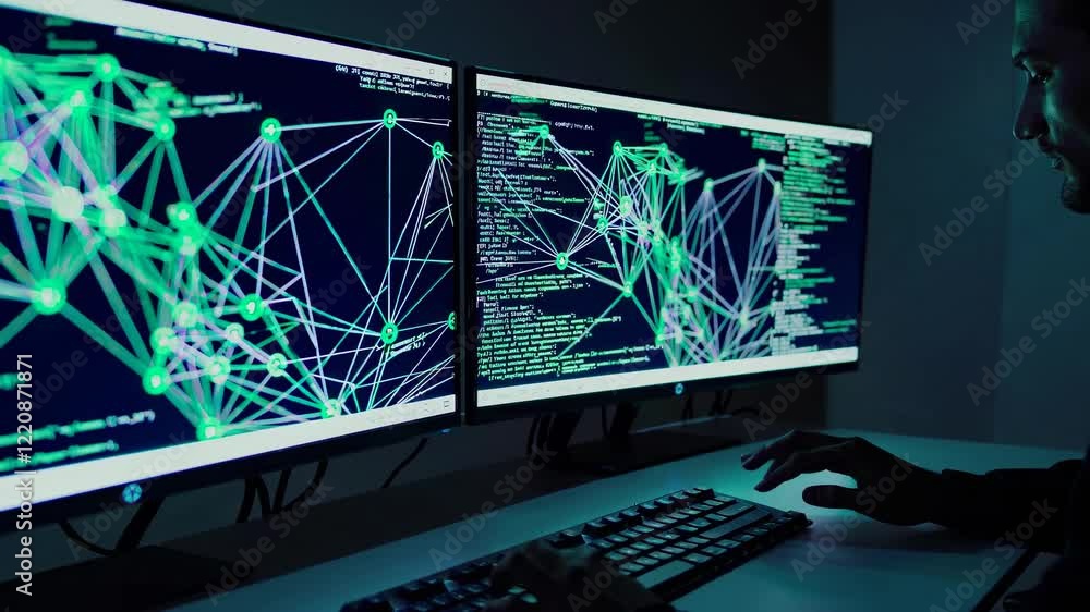 Poster Exploring advanced coding techniques in a dark workspace with dual monitors showcasing intricate network patterns