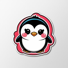 Obraz premium Cute cartoon penguin with rosy cheeks and a cheerful expression, set against a pink background.