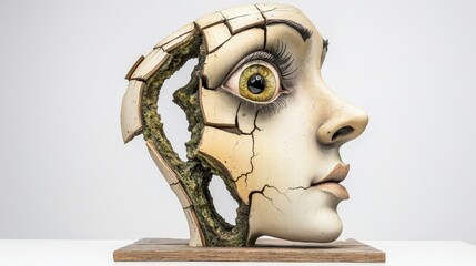 Surreal Sculpture of a Woman's Face with Cracked Features and Eye