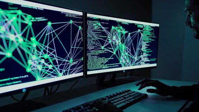 Exploring advanced coding techniques in a dark workspace with dual monitors showcasing intricate network patterns