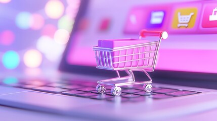 Online shopping cart digital marketplace e-commerce concept modern workspace close-up view retail innovation