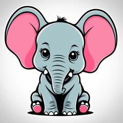 Fototapeta premium Cute cartoon elephant with large pink ears sitting down, showcasing a friendly expression and appealing design for children’s art.