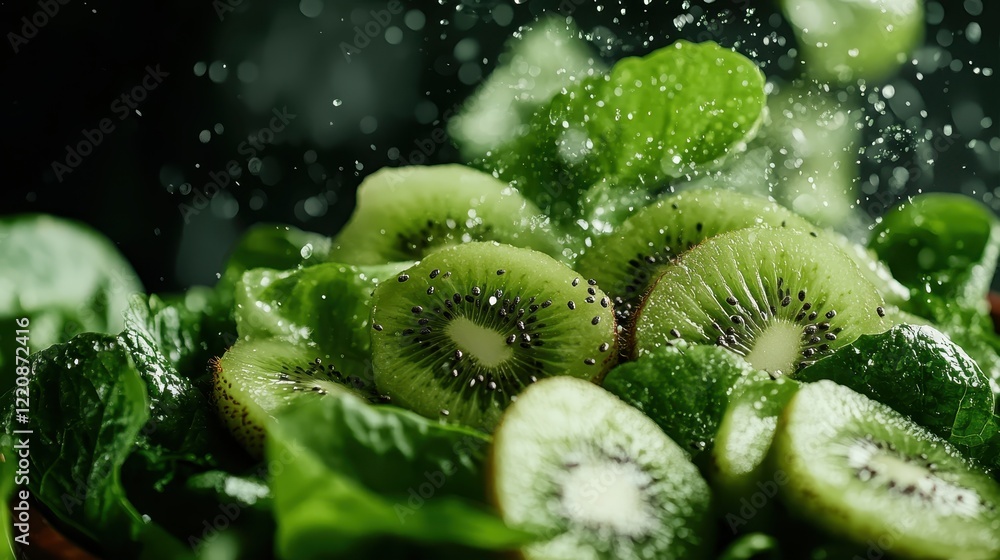 Poster the image captures fresh kiwi slices with refreshing splashes of water, presenting a vibrant and app