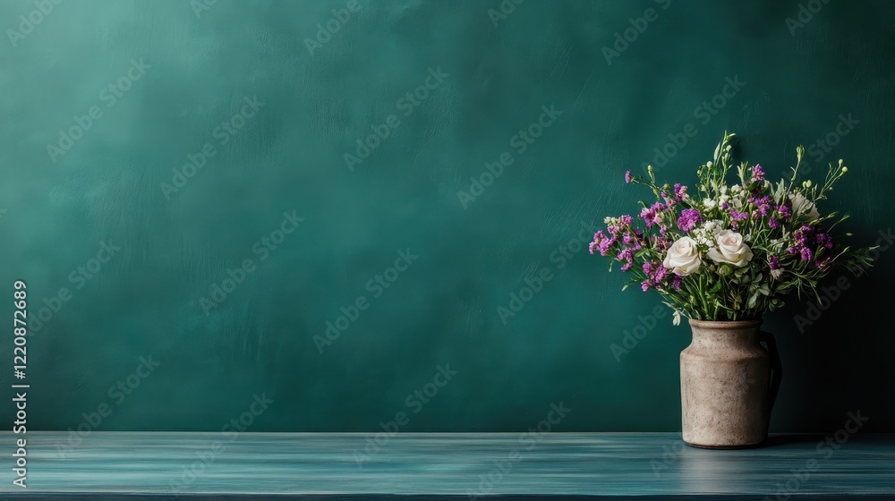 Aufkleber this image features a beautiful bouquet of fresh mixed flowers in a rustic vase against a textured t