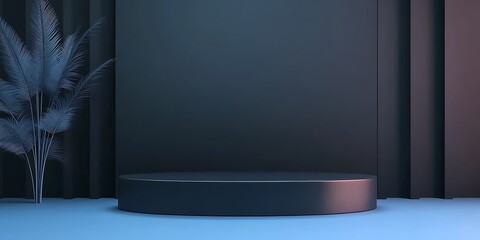 Black product display stand or podium pedestal on advertising counter background with blank backdrops