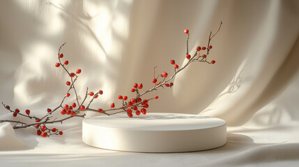 White circular podium surrounded by Rosehip on a soft beige background. 