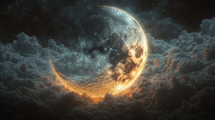 Obraz premium Celestial moonrise over dramatic clouds night sky digital art ethereal environment wide angle fantasy concept