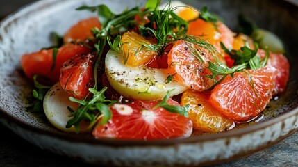 An artistic display of citrus fruits and apple slices adorned with green herbs, elegantly tossed together in a bowl for a healthy and fresh culinary experience.