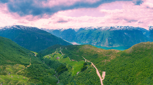 Drone view of mountain landscape near Aurlandsfjord. Bjorgavegen tourist road. Aurland, Norway