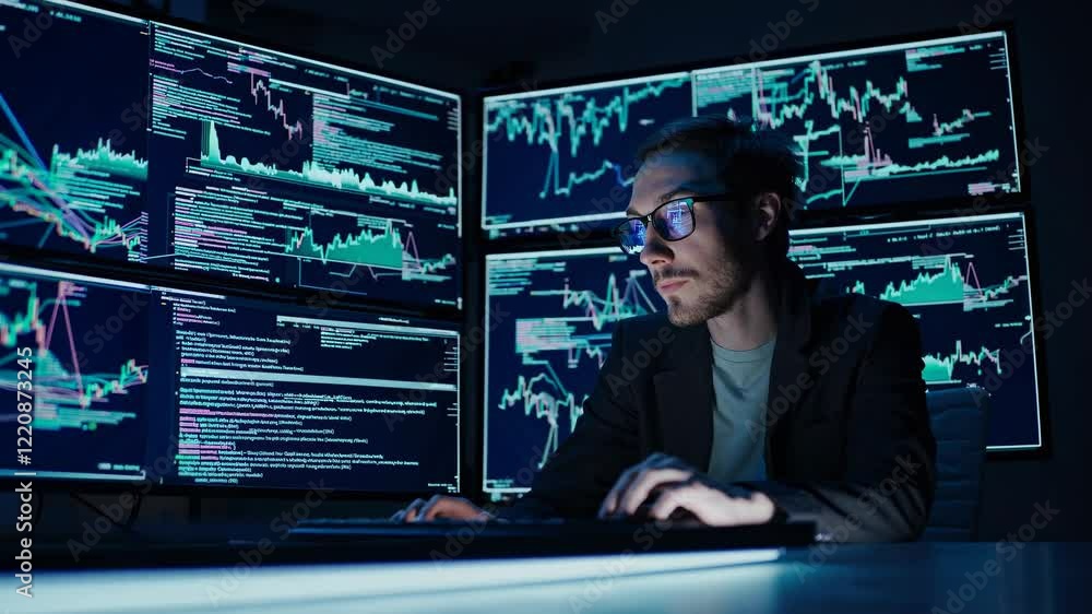 Poster exploring advanced data analytics in stock market trading with multiple screens displaying live char