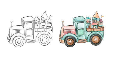 Vintage Truck with Whimsical Castle Illustration